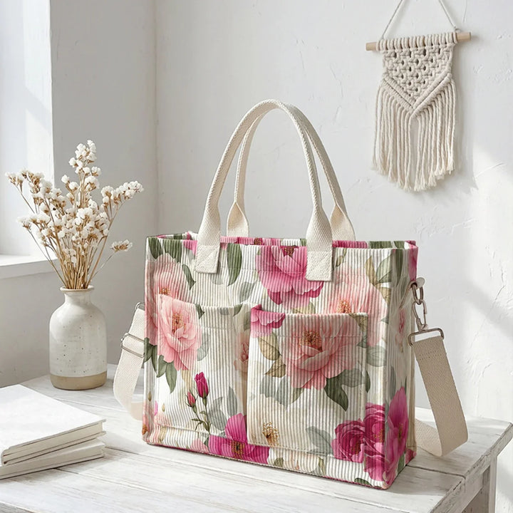 Thècle | Sac cabas en velours côtelé pivoines