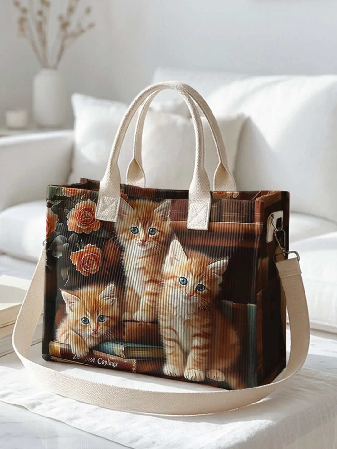 Odéline | Sac cabas en velours côtelé chatons roux et roses