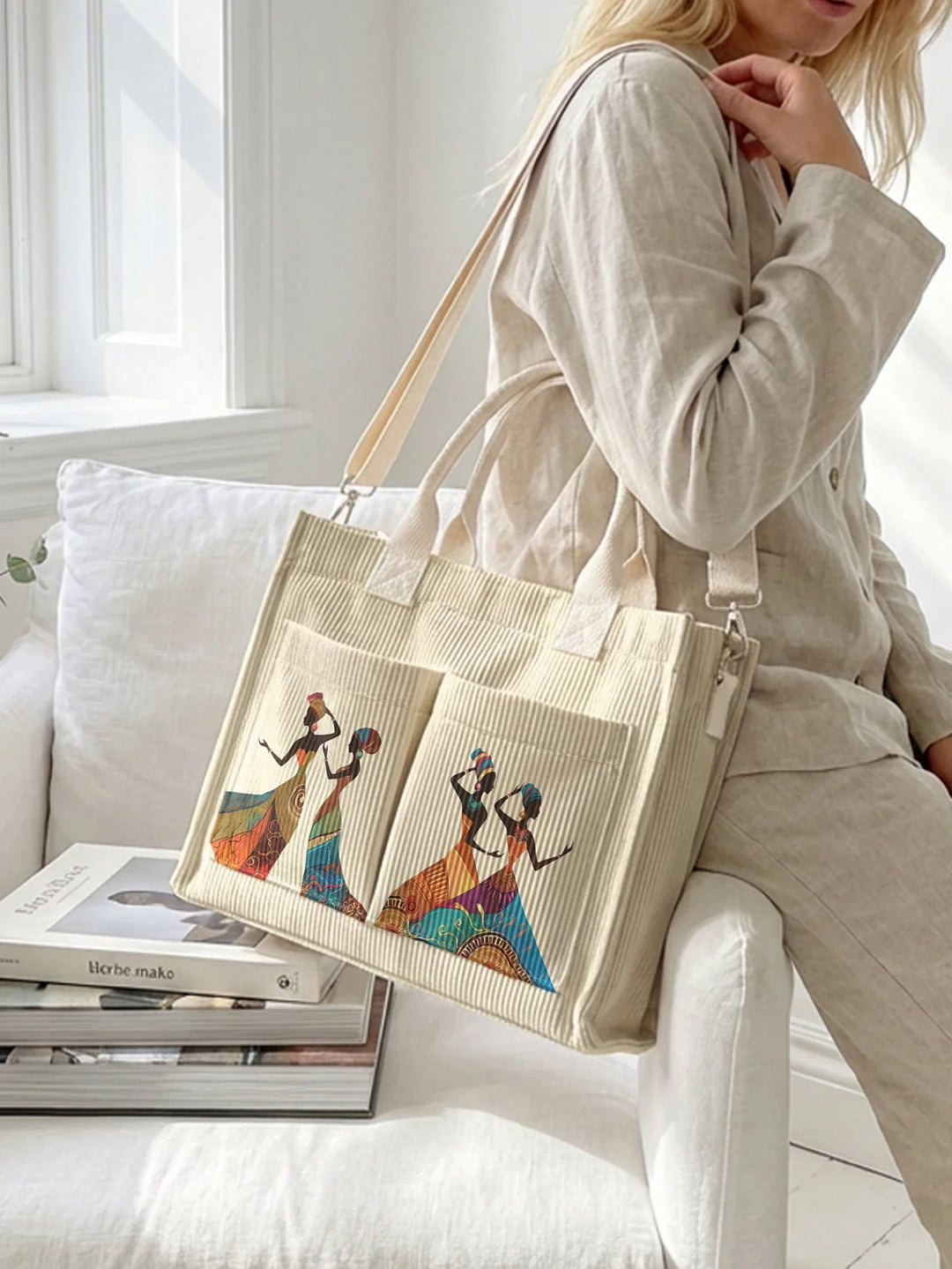Zénaïde | Sac cabas en velours côtelé silhouettes féminines