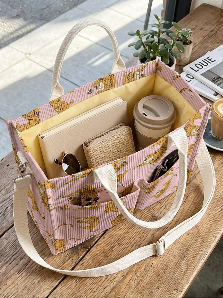 Ségolène | Sac cabas en velours côtelé félins sur fond rose
