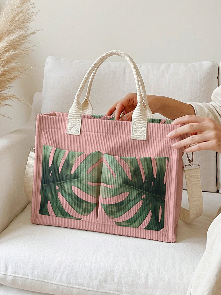 Violaine | Sac cabas en velours côtelé feuille de monstera