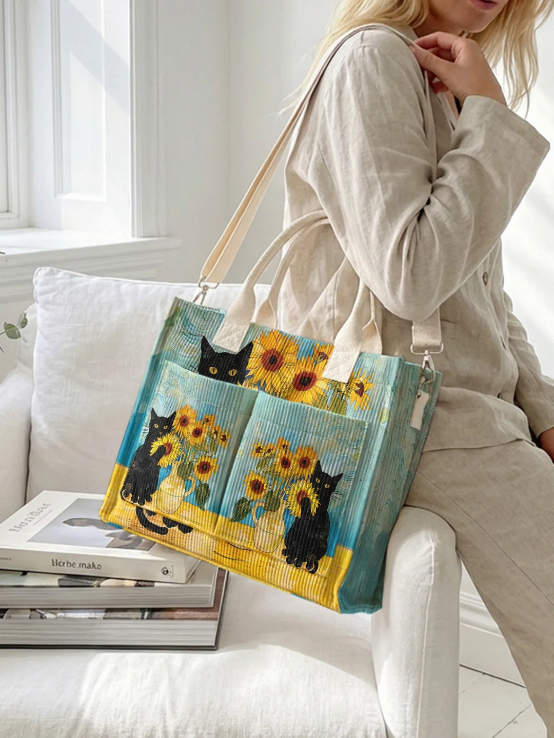 Pascale | Sac cabas en velours côtelé chat noir et tournesols
