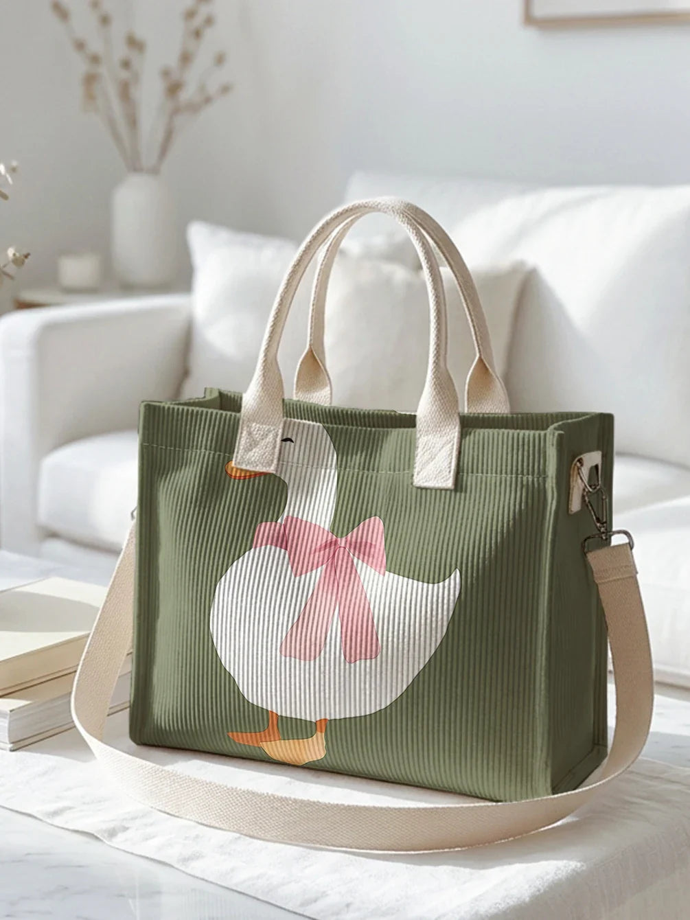 Sacha | Sac cabas en velours côtelé canards à nœud rose