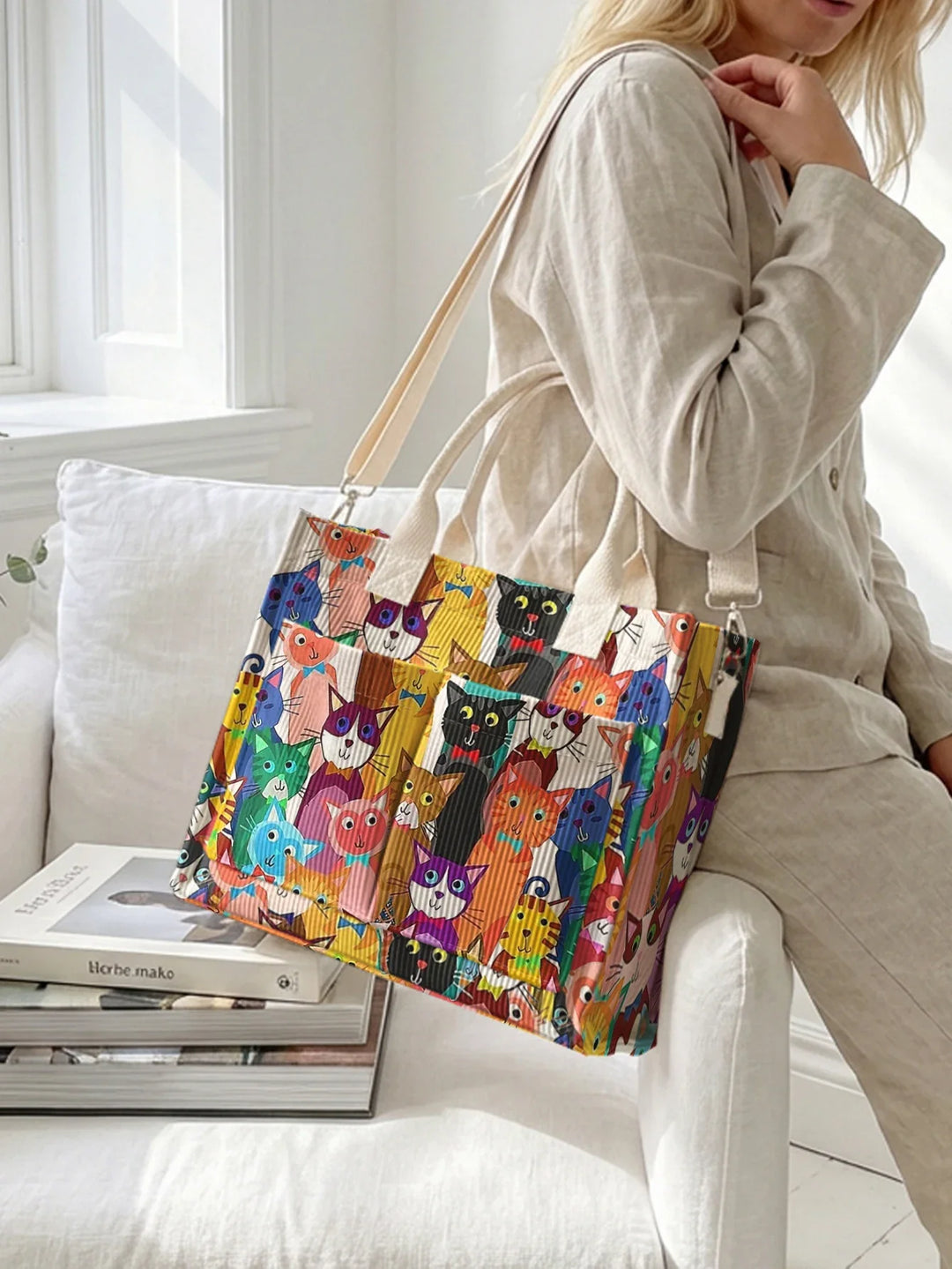 Prisca | Sac cabas en velours côtelé chats multicolores
