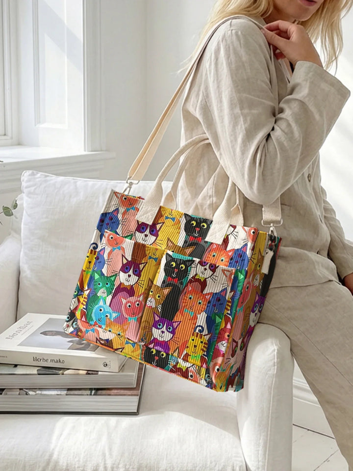 Prisca | Sac cabas en velours côtelé chats multicolores