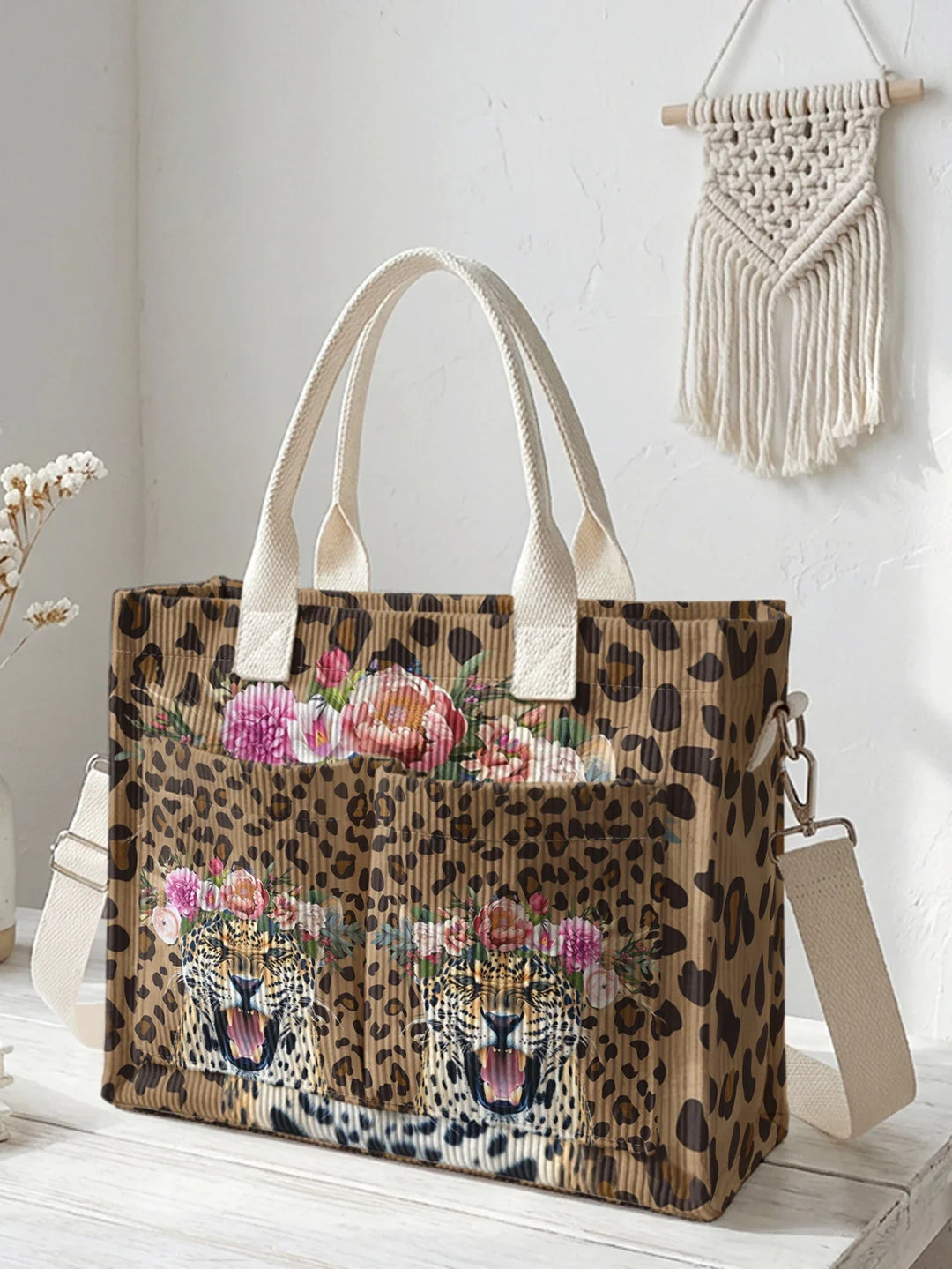 Sylvaine | Sac cabas en velours côtelé léopard fleuri