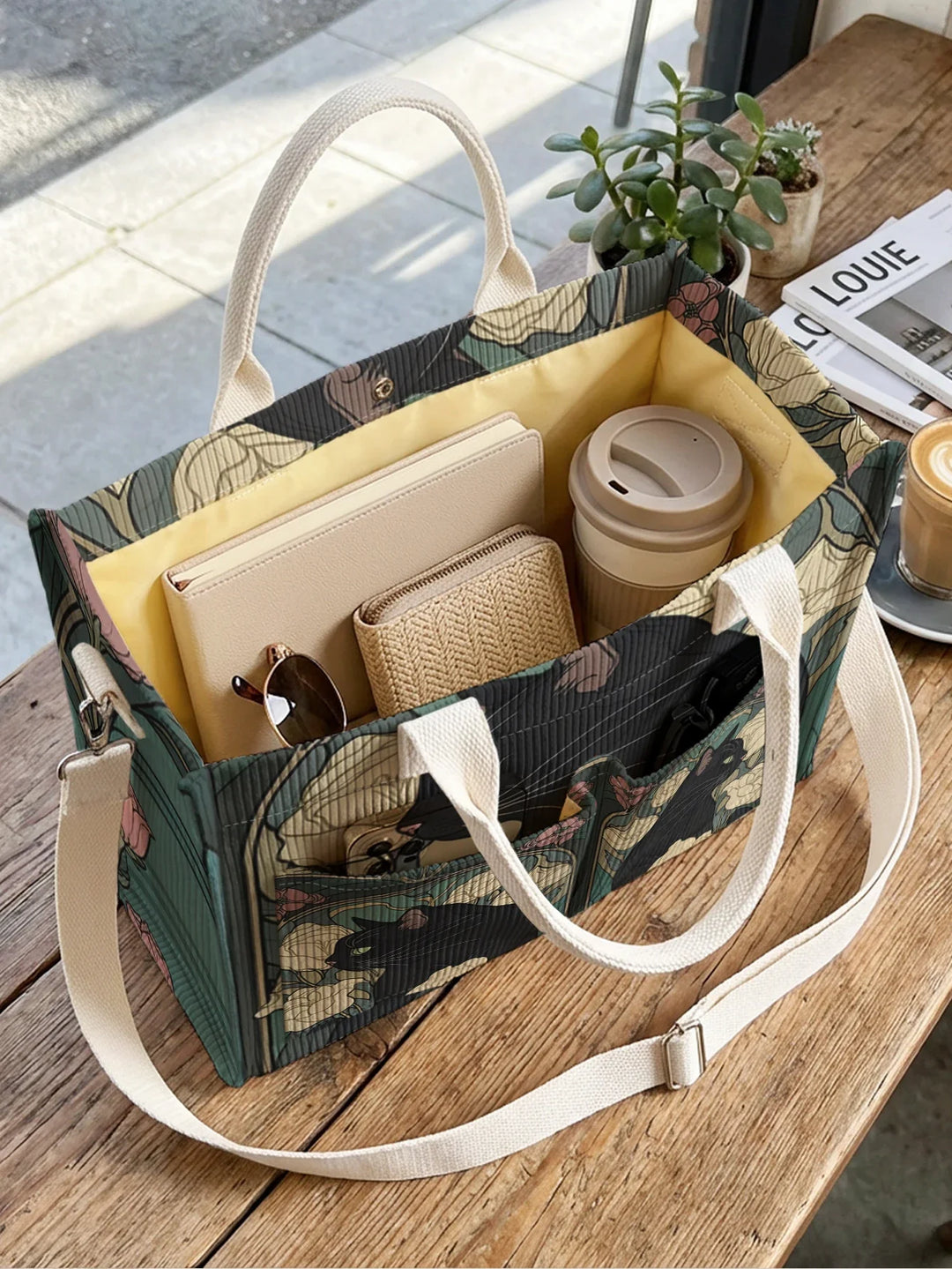 Ninette | Sac cabas en velours côtelé chat noir fleuri