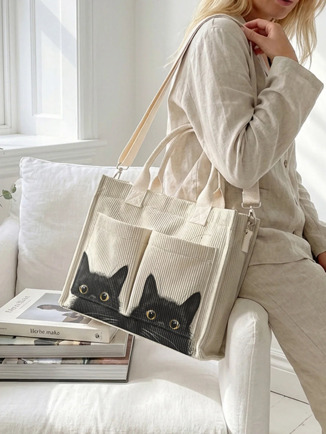 Orlane | Sac cabas en velours côtelé chats noirs espiègles