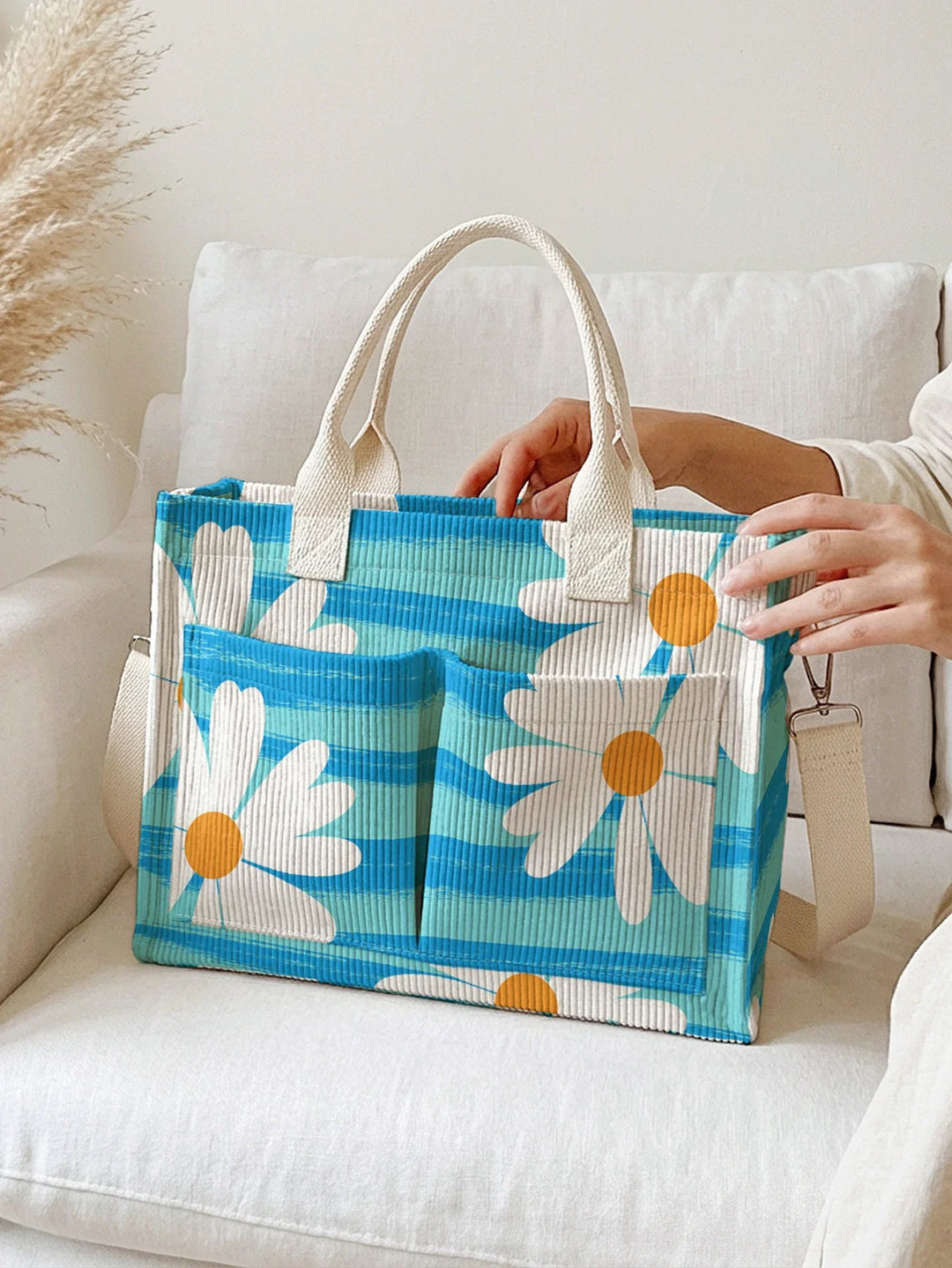Toinette | Sac cabas en velours côtelé marguerites et rayures bleues