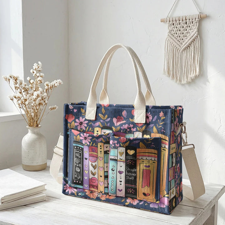 Ysé | Sac cabas en velours côtelé livres et fleurs