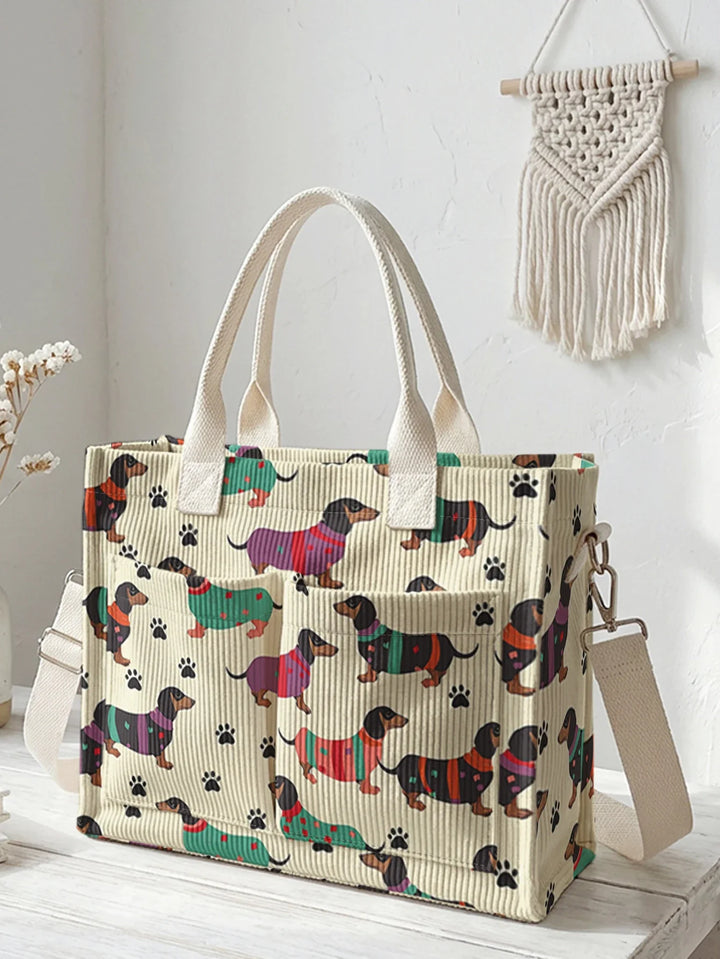 Pierrette | Sac cabas en velours côtelé teckels colorés
