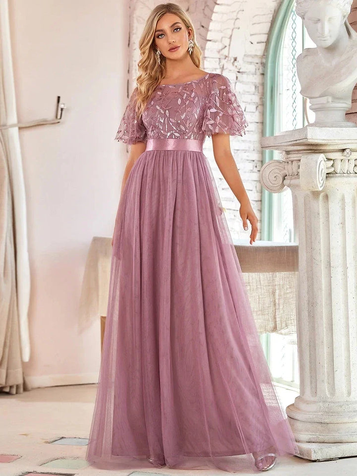 Elodie | Robe de Soirée à Manches Courtes en Sequins