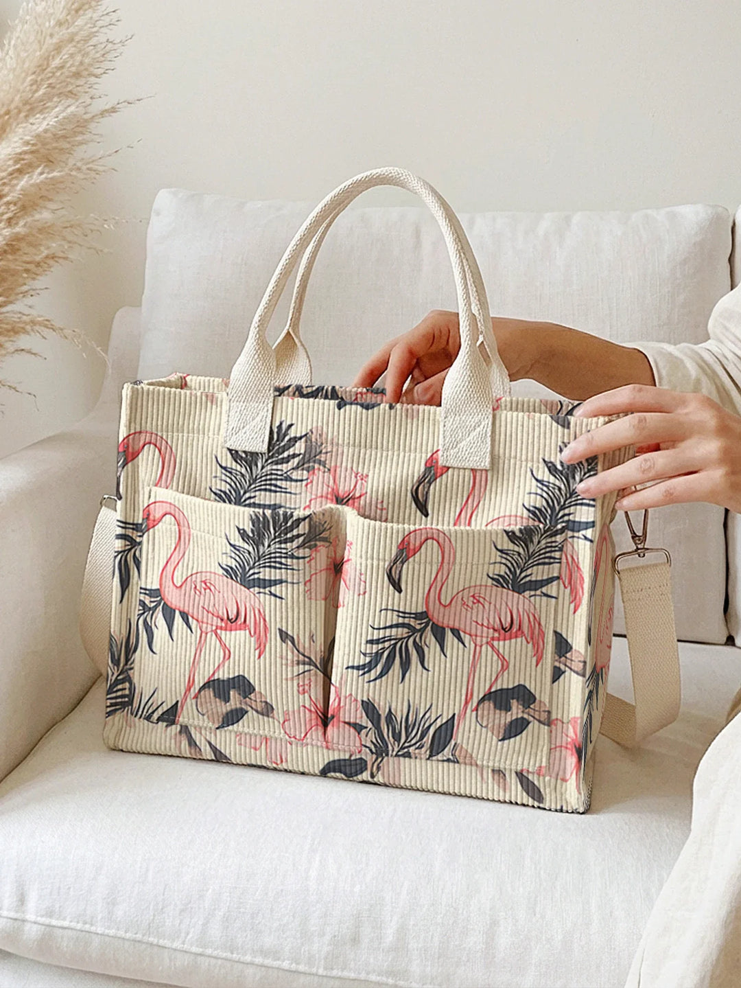 Rozenn | Sac cabas en velours côtelé flamants roses