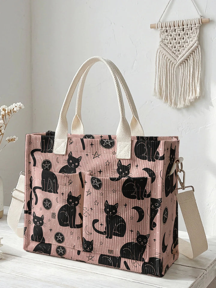 Orane | Sac cabas en velours côtelé chats et étoiles sur fond rose