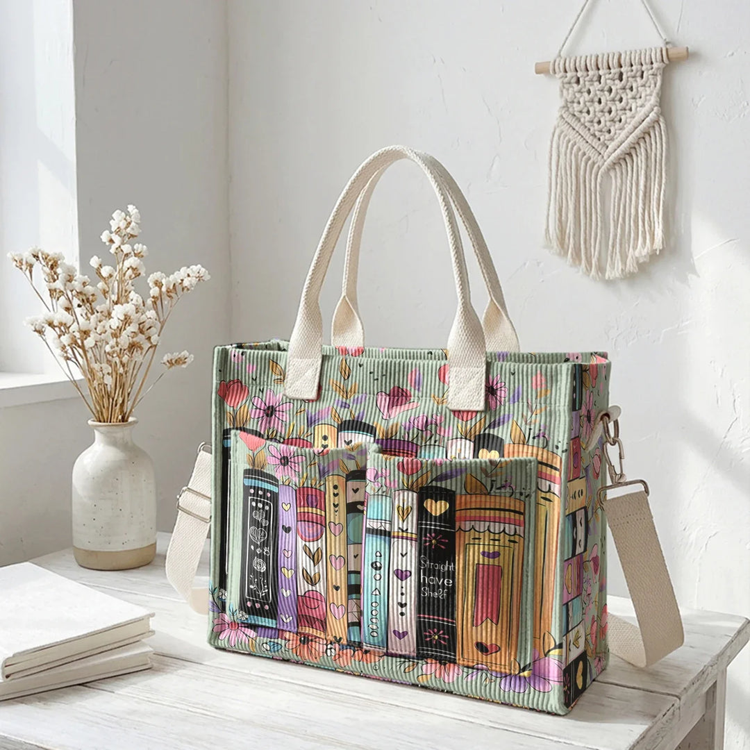 Ysé | Sac cabas en velours côtelé livres et fleurs