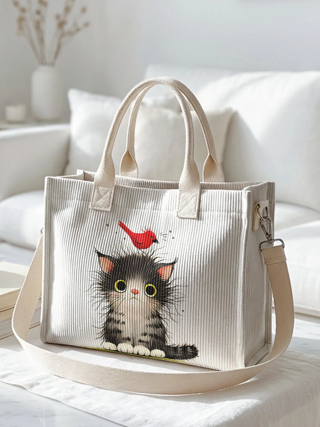 Nathanaëlle | Sac cabas en velours côtelé chaton et rouge-gorge