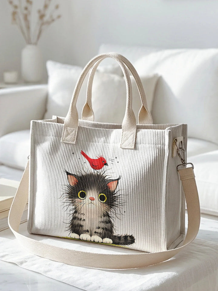 Nathanaëlle | Sac cabas en velours côtelé chaton et rouge-gorge