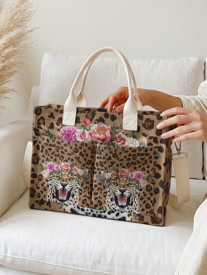 Sylvaine | Sac cabas en velours côtelé léopard fleuri