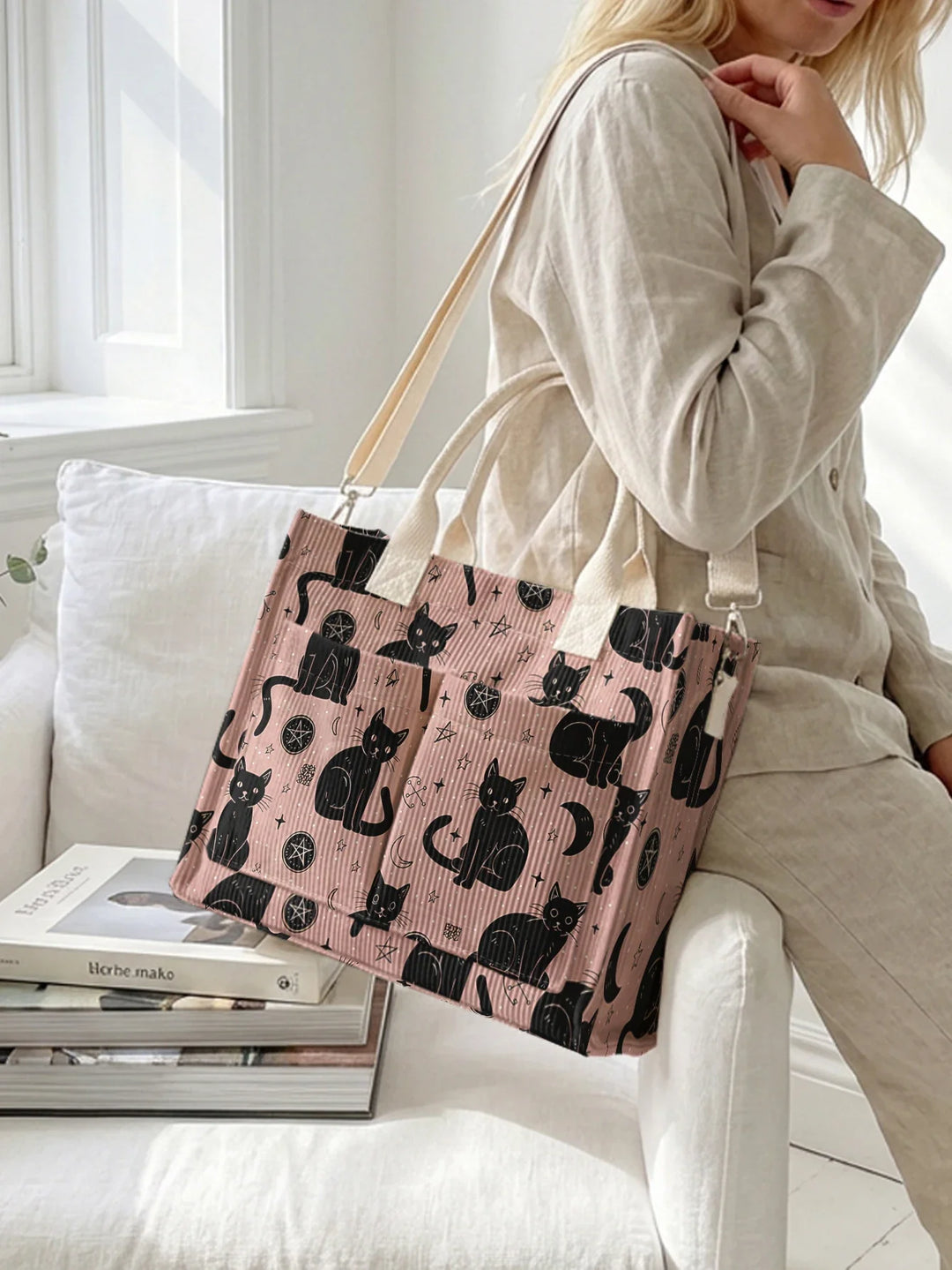 Orane | Sac cabas en velours côtelé chats et étoiles sur fond rose