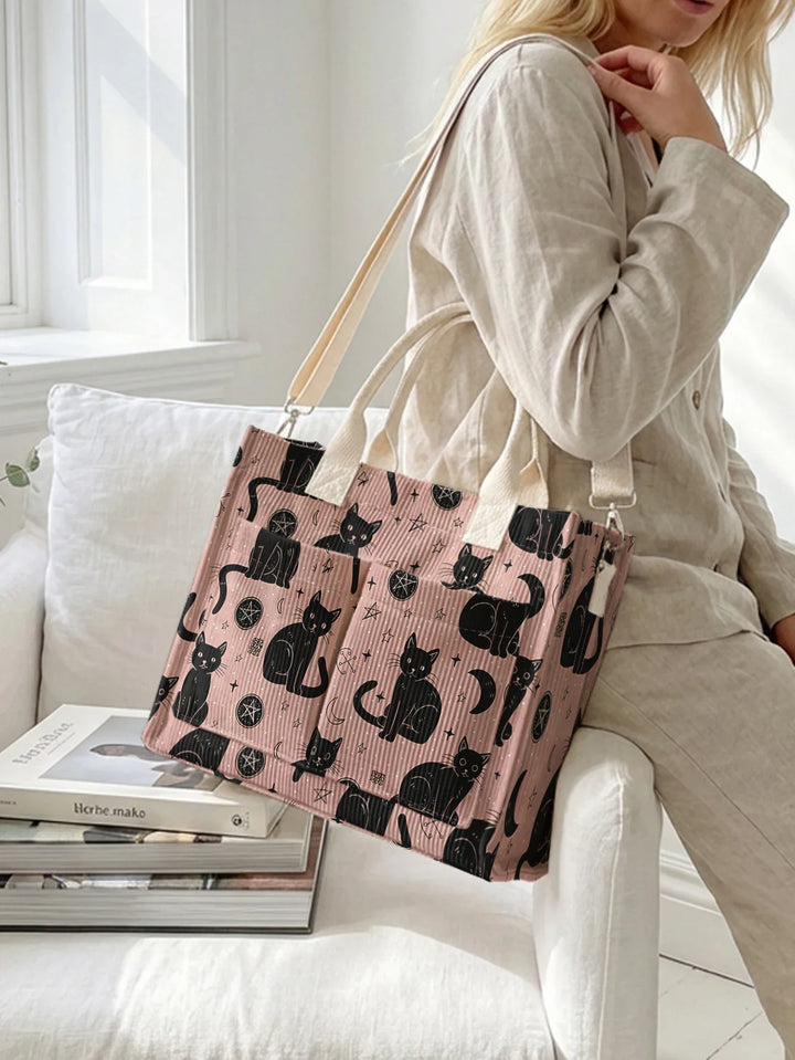 Orane | Sac cabas en velours côtelé chats et étoiles sur fond rose