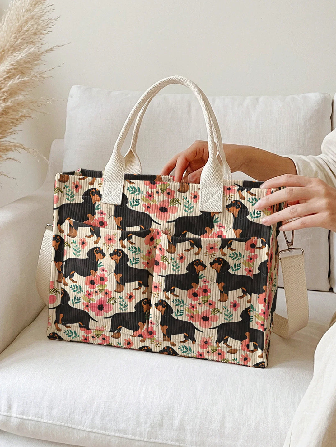 Paloma | Sac cabas en velours côtelé teckels fleuris