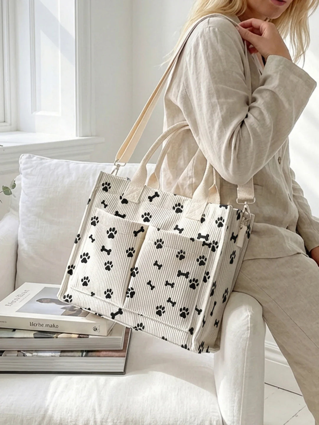 Reine | Sac cabas en velours côtelé empreintes de pattes