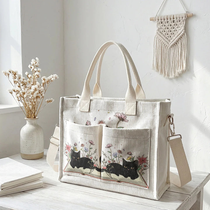Nélia | Sac cabas en velours côtelé chat lecteur