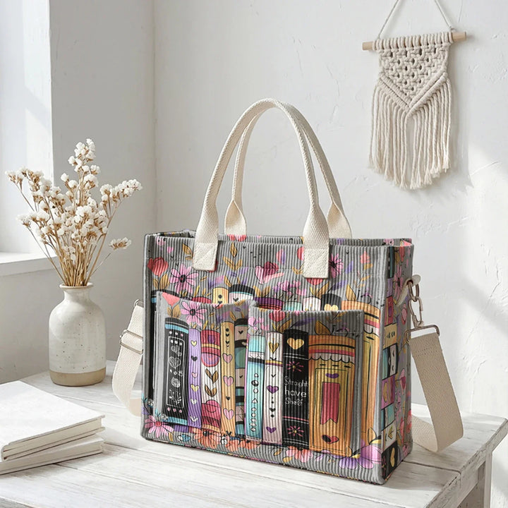 Ysé | Sac cabas en velours côtelé livres et fleurs