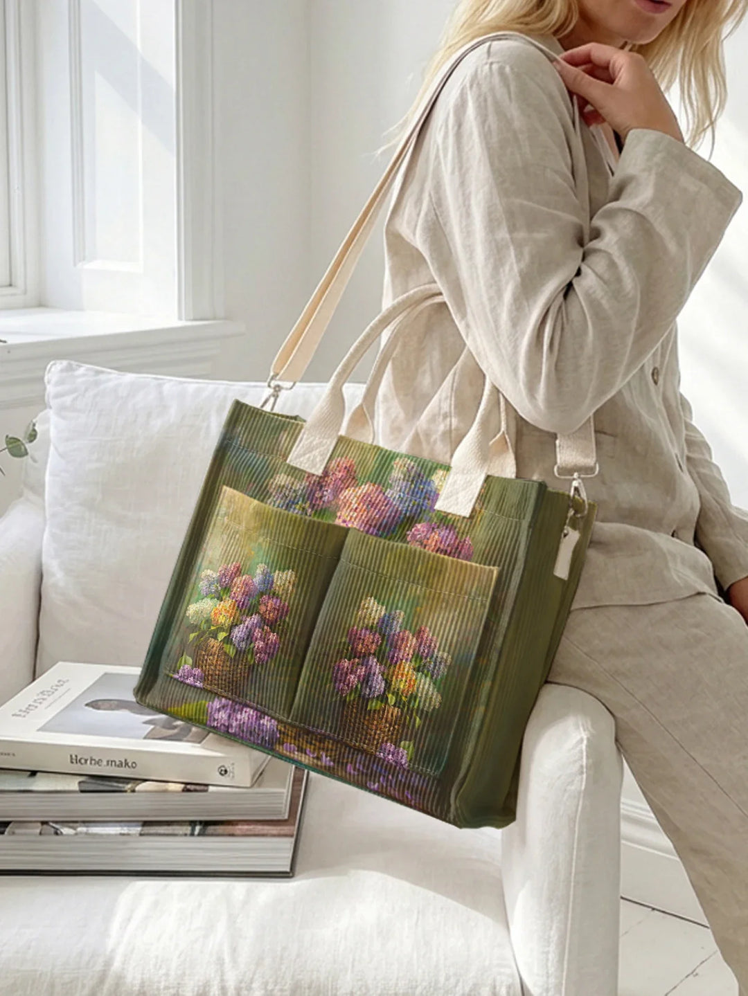 Victorine | Sac cabas en velours côtelé hortensias