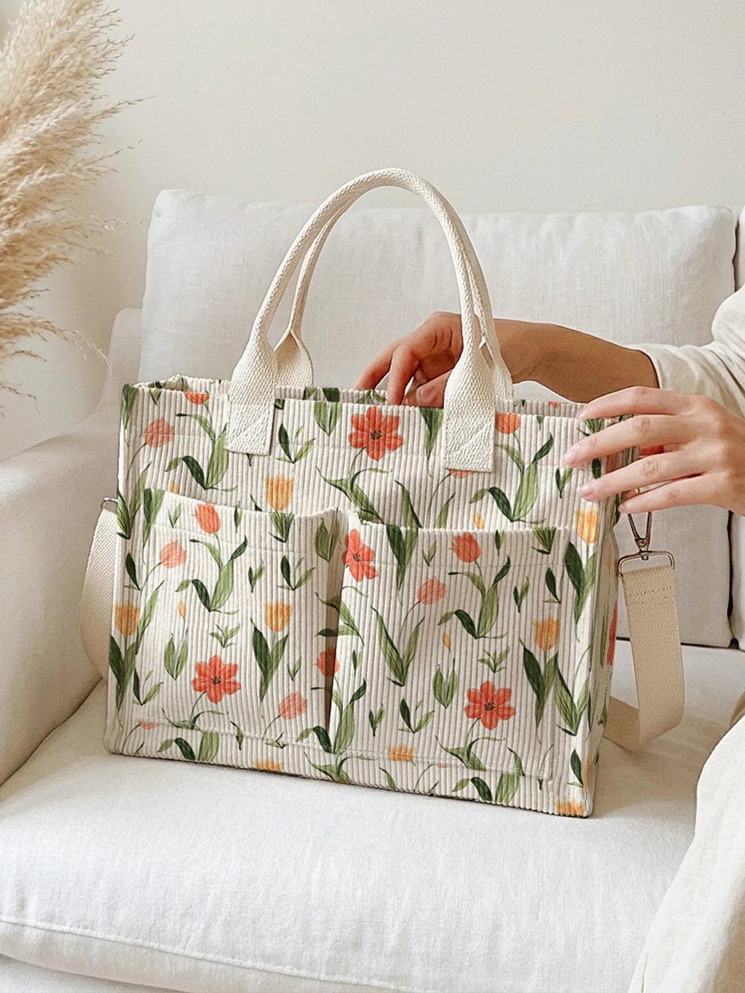 Yseult | Sac cabas en velours côtelé tulipes