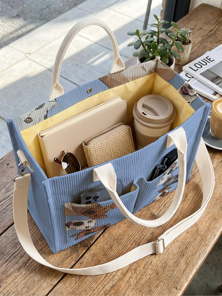 Régine | Sac cabas en velours côtelé chiens joyeux sur fond bleu