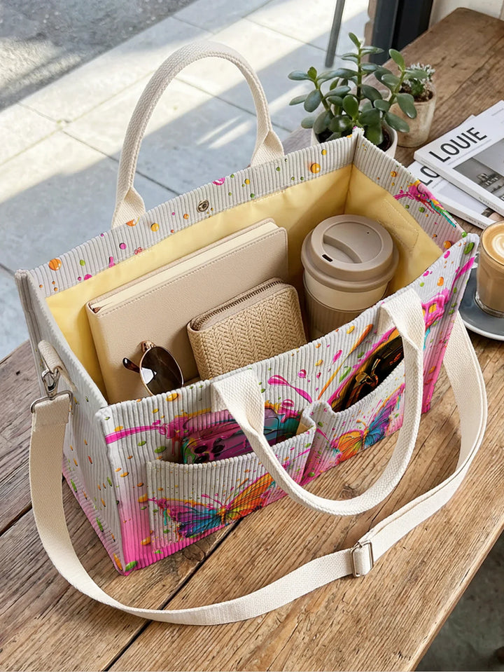 Tatiana | Sac cabas en velours côtelé papillon multicolore