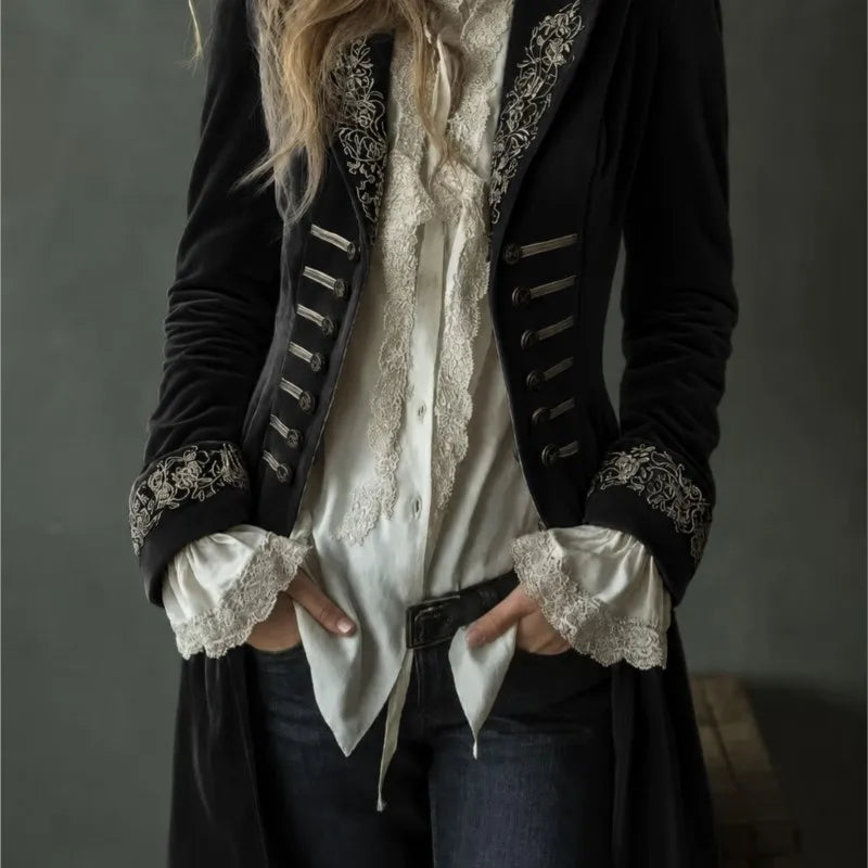 Baptistine | Veste longue brodée effet velours