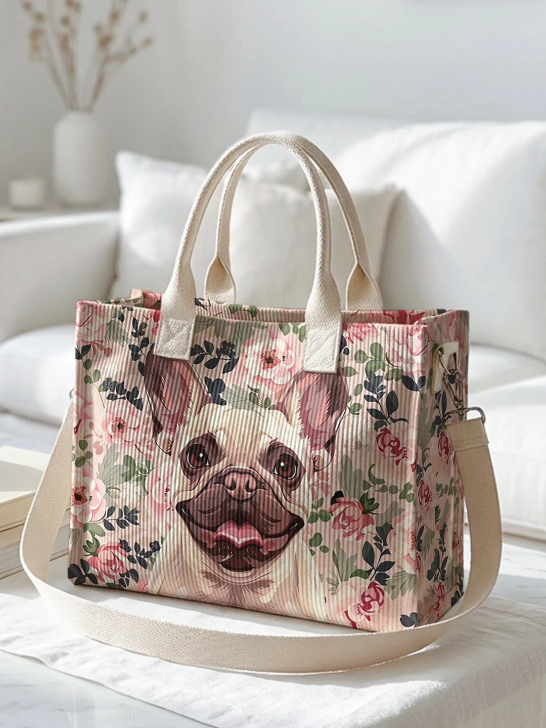 Pétronille | Sac cabas en velours côtelé bouledogue fleuri