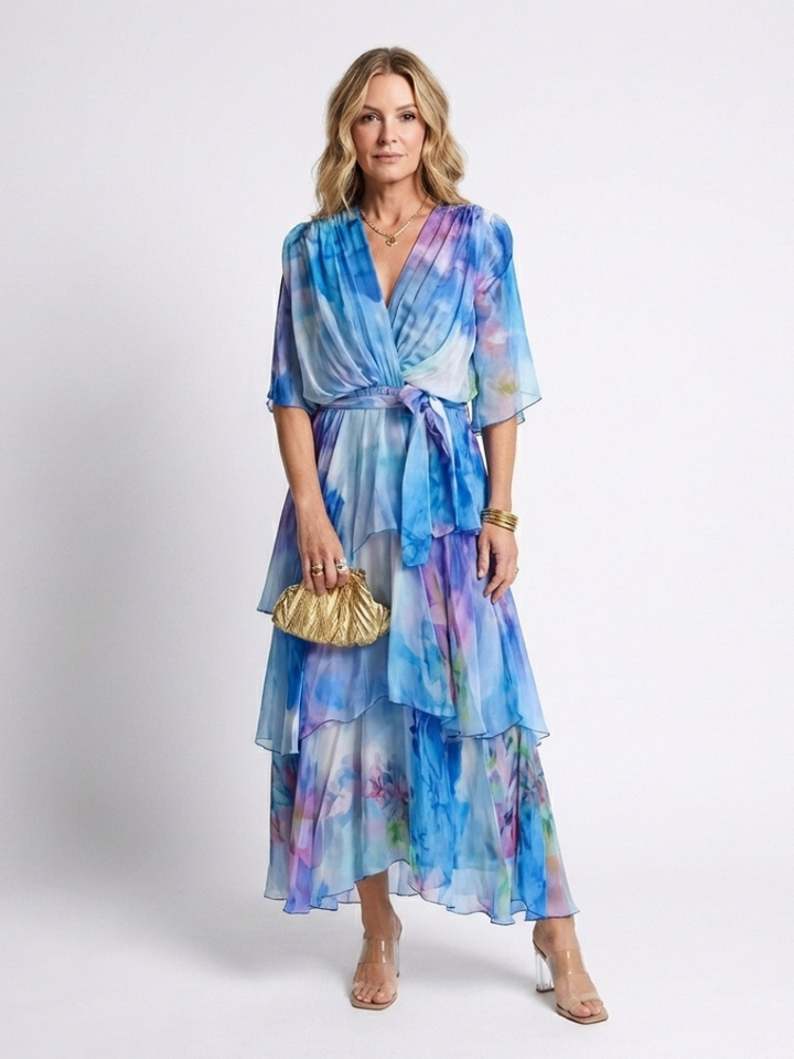 Calista | Robe maxi à décolleté en V, taille à nouer, en couches transparentes
