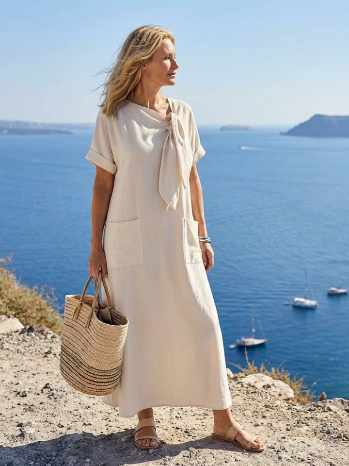 Elowyn | Robe Maxi à Encolure Ronde et Manches Courtes avec Poches