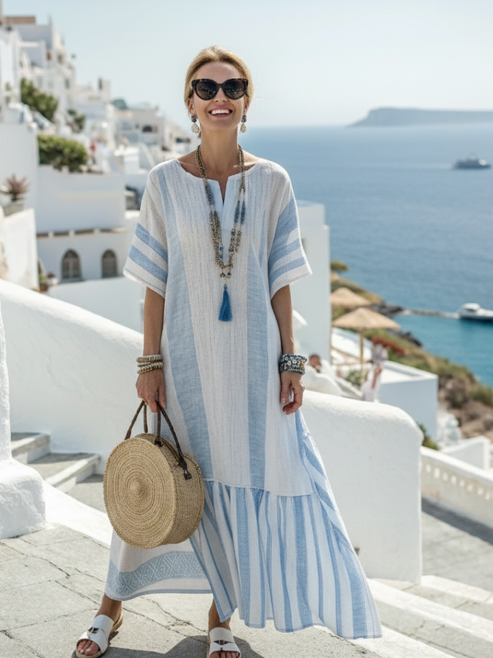 Ione | Robe maxi à col rond et manches courtes rayée