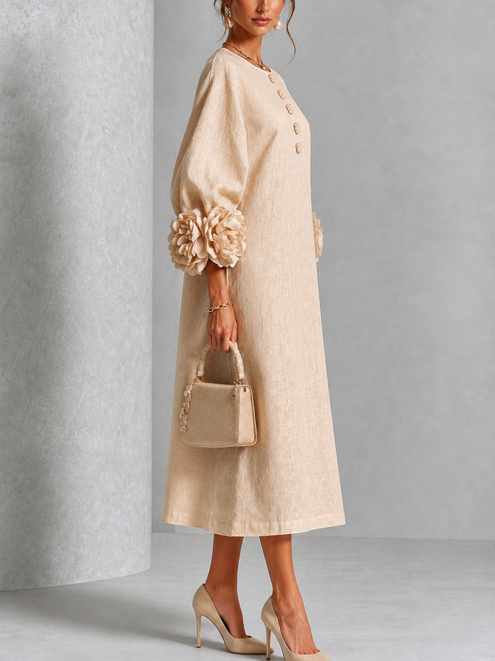 Clarisse | Robe midi à manches bouffantes et boutons fleuris