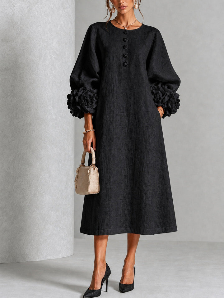 Clarisse | Robe midi à manches bouffantes et boutons fleuris