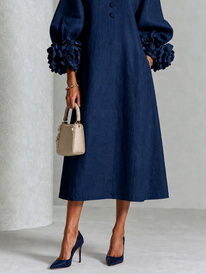 Clarisse | Robe midi à manches bouffantes et boutons fleuris
