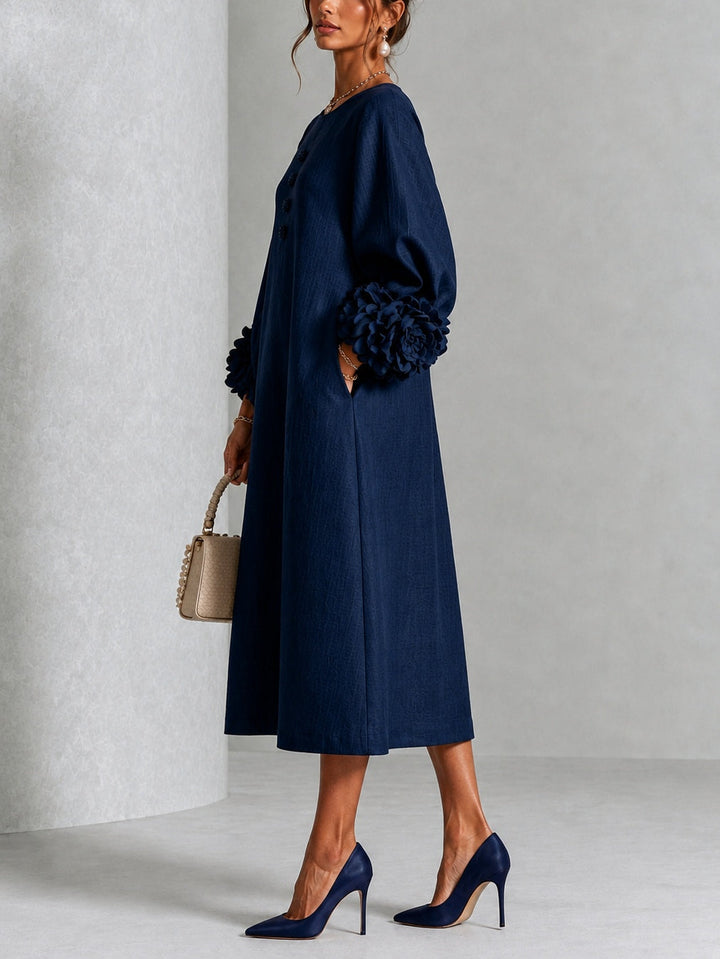 Clarisse | Robe midi à manches bouffantes et boutons fleuris