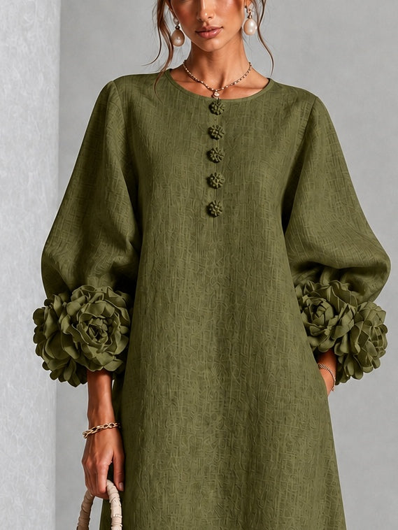 Clarisse | Robe midi à manches bouffantes et boutons fleuris