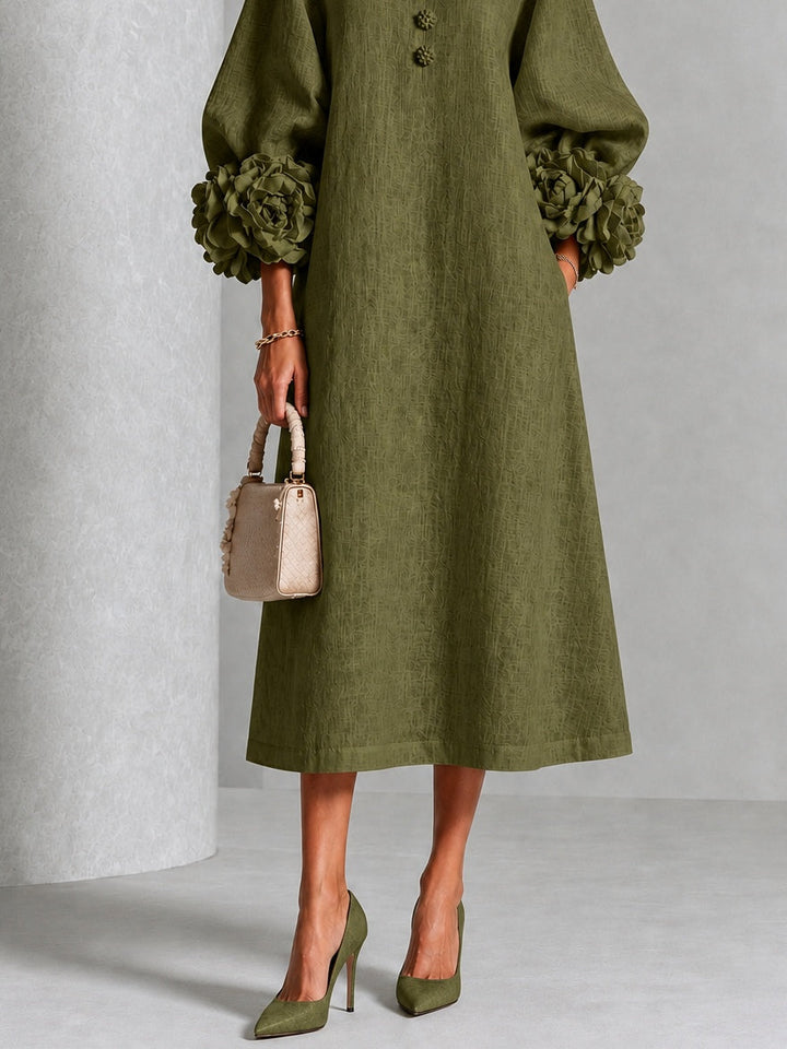 Clarisse | Robe midi à manches bouffantes et boutons fleuris