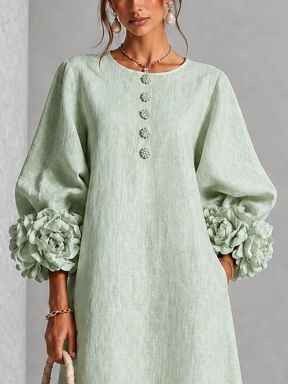 Clarisse | Robe midi à manches bouffantes et boutons fleuris