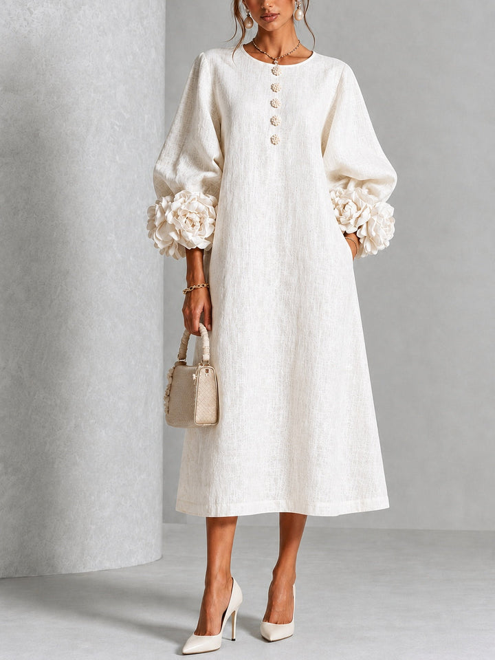 Clarisse | Robe midi à manches bouffantes et boutons fleuris
