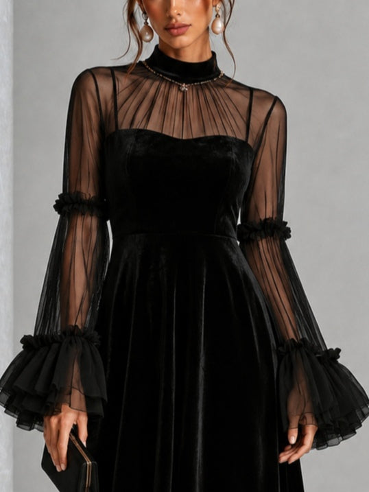 Bénédicte | Robe midi plissée en velours et mesh