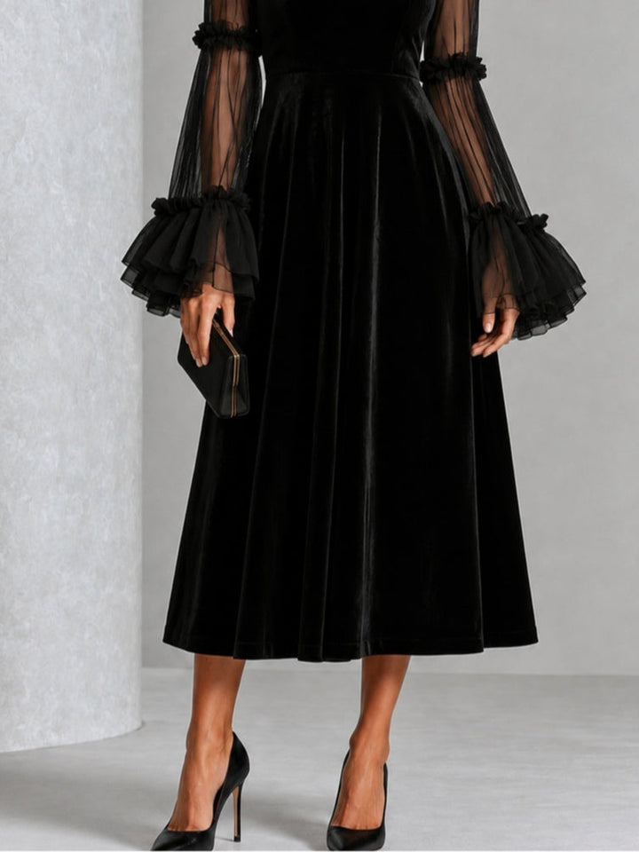 Bénédicte | Robe midi plissée en velours et mesh