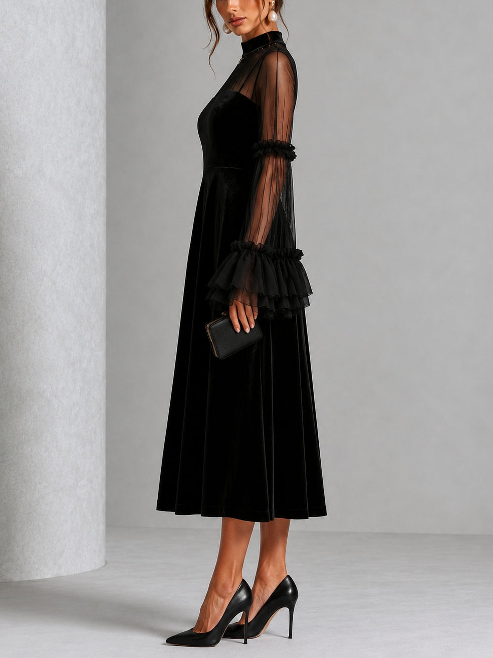 Bénédicte | Robe midi plissée en velours et mesh