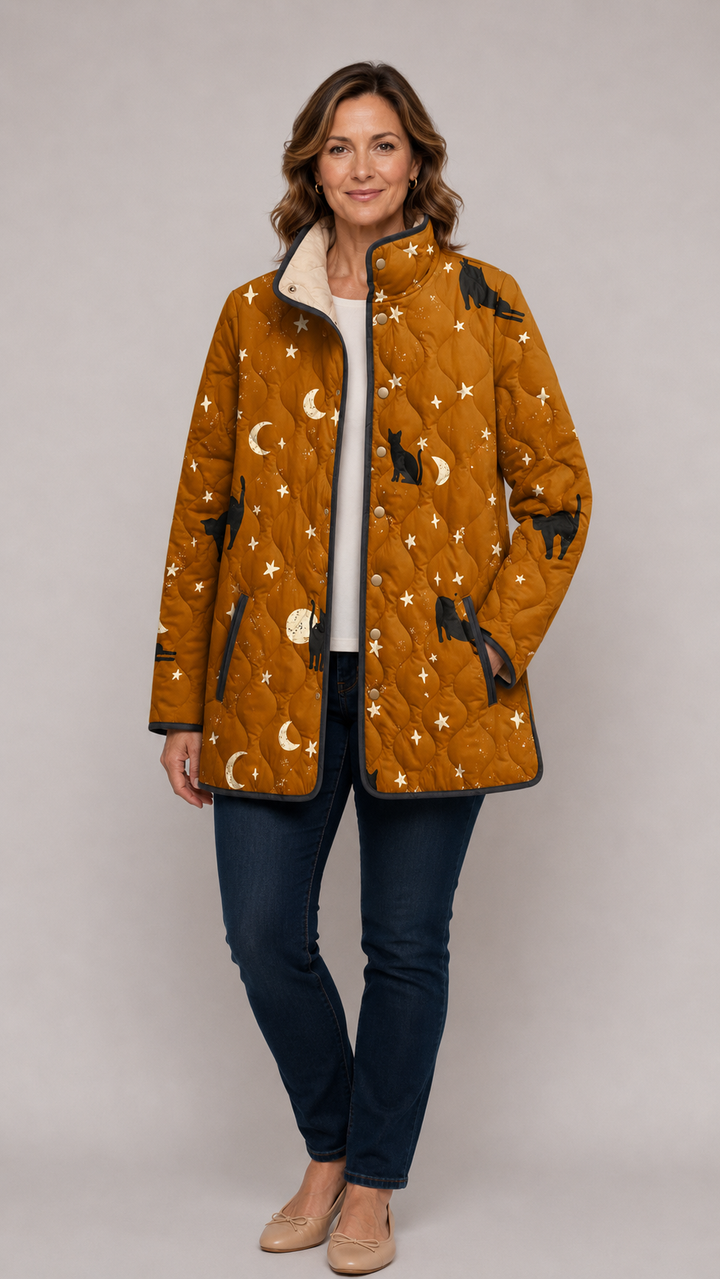 Chantal | Manteau matelassé à motif chats noirs