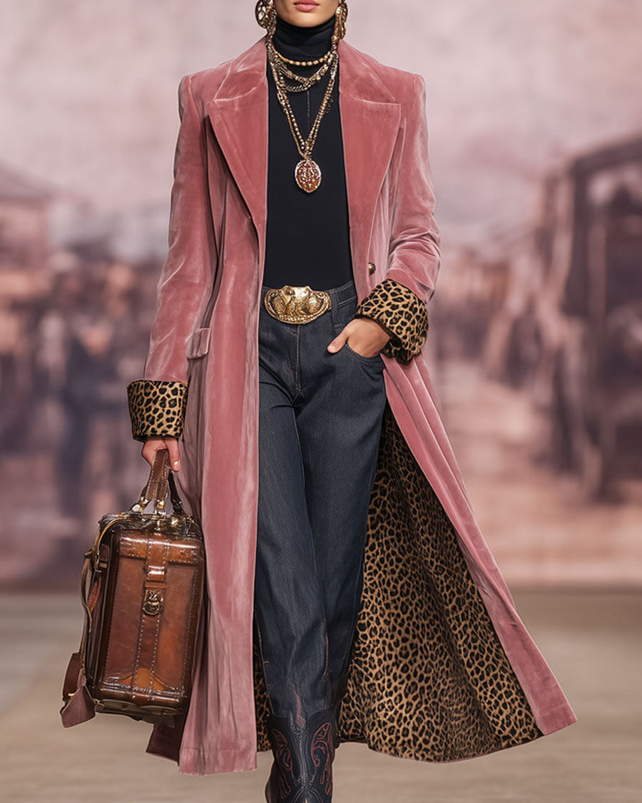 Armance | Manteau long effet velours à poignets léopard